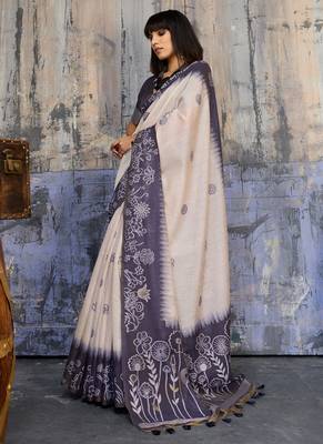 blue & off white munga cotton handloom weaving saree 2