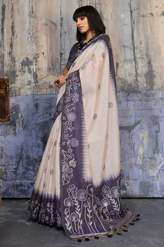 blue & off white munga cotton handloom weaving saree