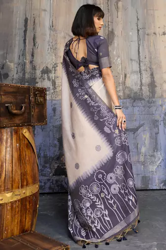 blue & off white munga cotton handloom weaving saree