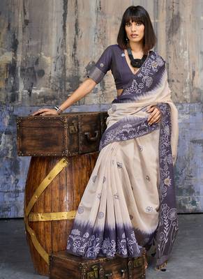 blue & off white munga cotton handloom weaving saree 4