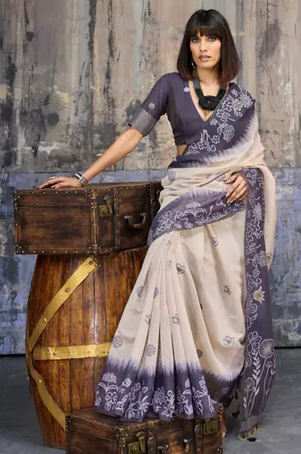 blue & off white munga cotton handloom weaving saree