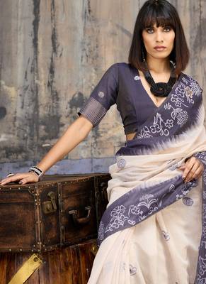 blue & off white munga cotton handloom weaving saree 5