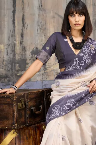 blue & off white munga cotton handloom weaving saree