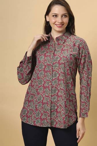  maroon cotton blend long sleeves short kurti