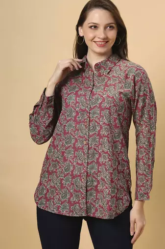  maroon cotton blend long sleeves short kurti