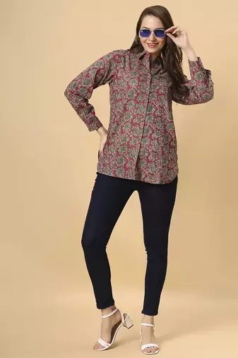  maroon cotton blend long sleeves short kurti