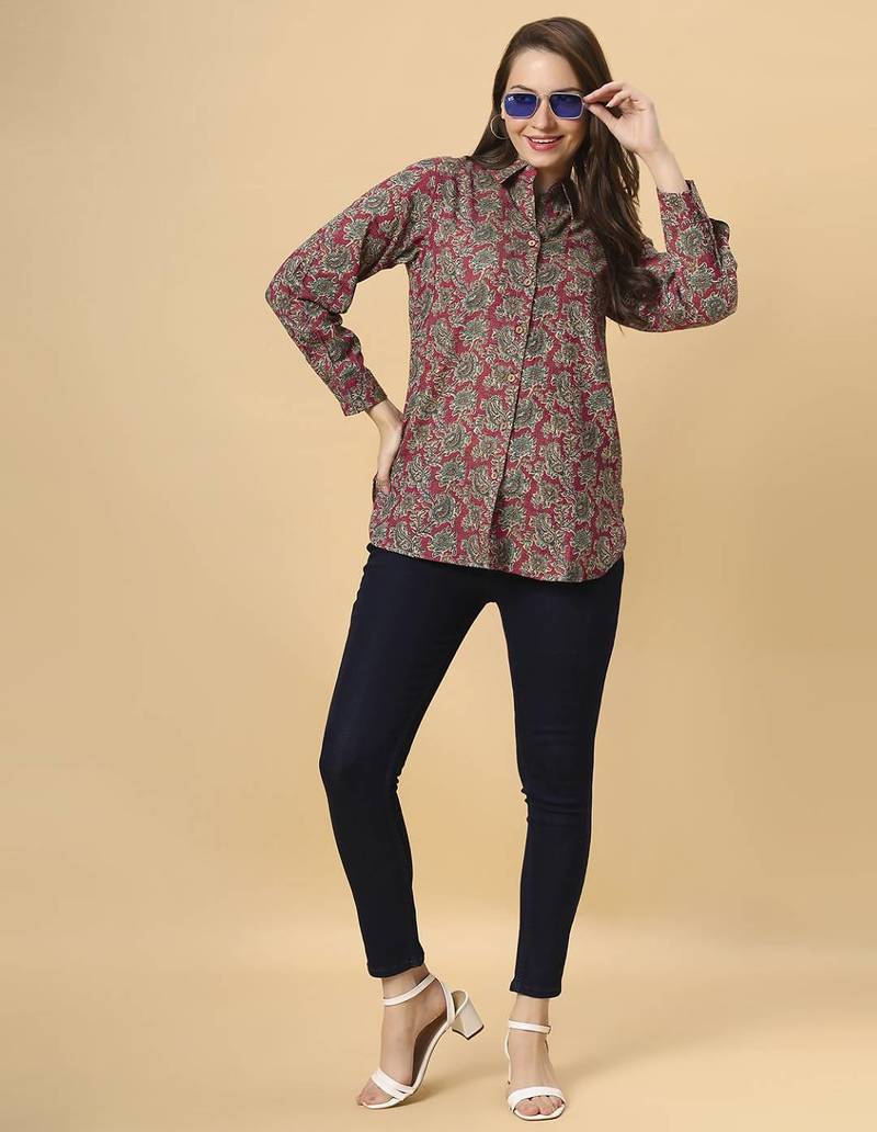  maroon cotton blend long sleeves short kurti