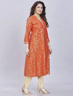  rust pure cotton three quarter sleeves long kurta 1