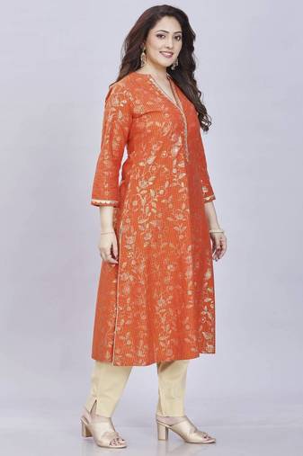  rust pure cotton three quarter sleeves long kurta