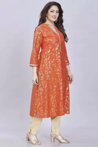  rust pure cotton three quarter sleeves long kurta