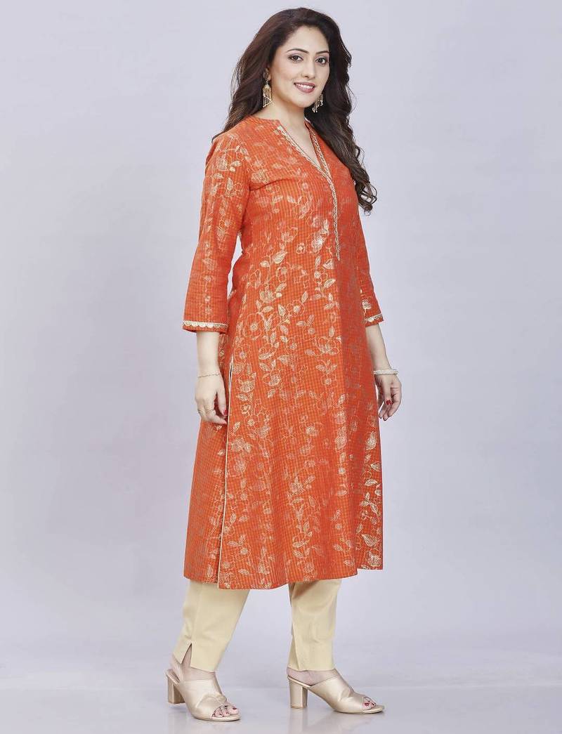  rust pure cotton three quarter sleeves long kurta