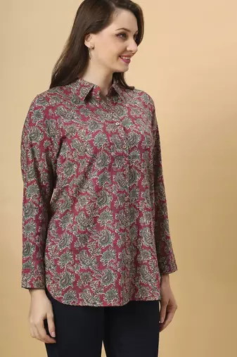  maroon cotton blend long sleeves short kurti