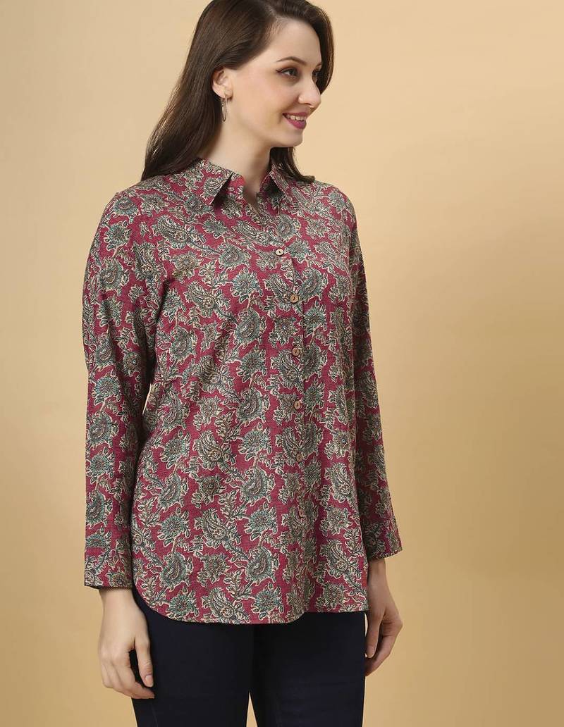  maroon cotton blend long sleeves short kurti