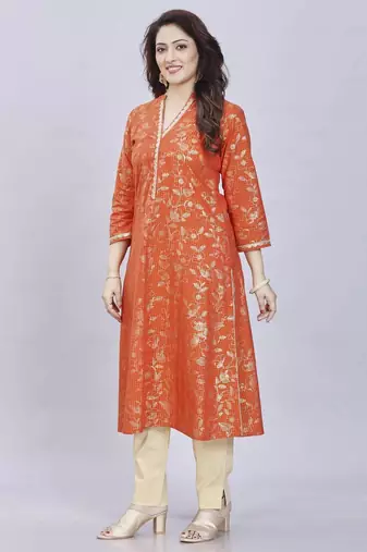  rust pure cotton three quarter sleeves long kurta