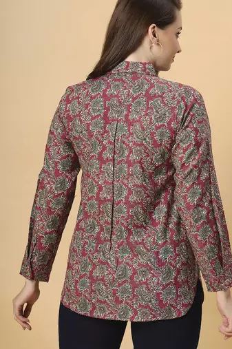  maroon cotton blend long sleeves short kurti