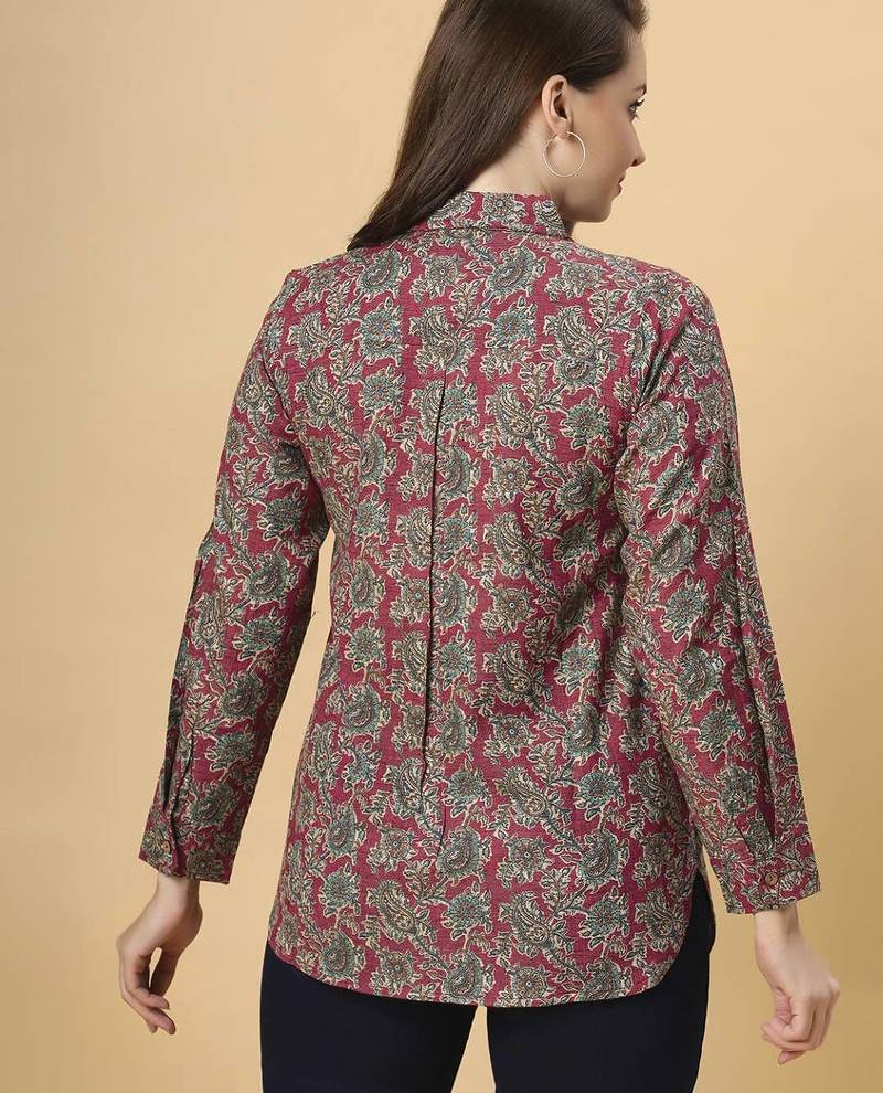  maroon cotton blend long sleeves short kurti