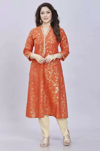  rust pure cotton three quarter sleeves long kurta