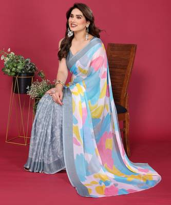 grey chiffon saree with multicolor printed pallu 2