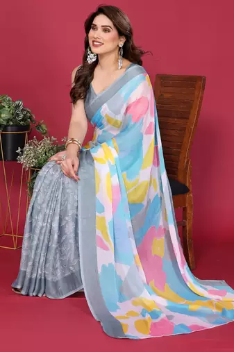 grey chiffon saree with multicolor printed pallu