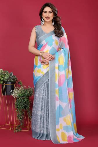 grey chiffon saree with multicolor printed pallu