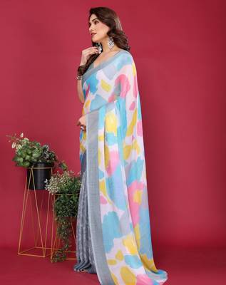 grey chiffon saree with multicolor printed pallu 3