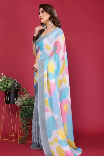 grey chiffon saree with multicolor printed pallu