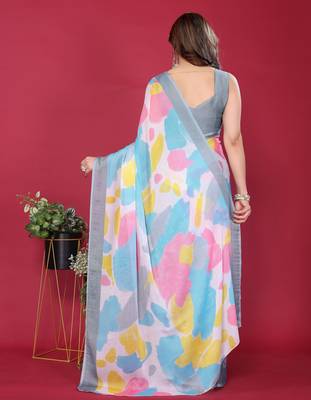 grey chiffon saree with multicolor printed pallu 4