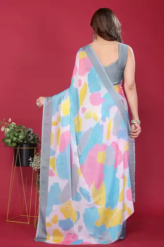 grey chiffon saree with multicolor printed pallu