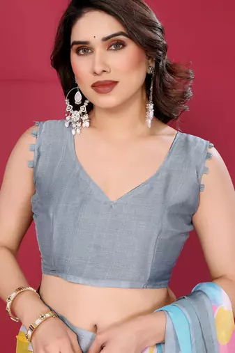 grey chiffon saree with multicolor printed pallu