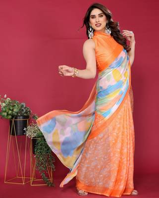 orange chiffon saree with multicolor printed pallu 1