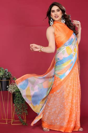 orange chiffon saree with multicolor printed pallu