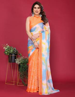 orange chiffon saree with multicolor printed pallu 2