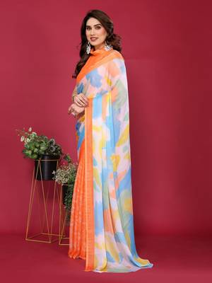 orange chiffon saree with multicolor printed pallu 3