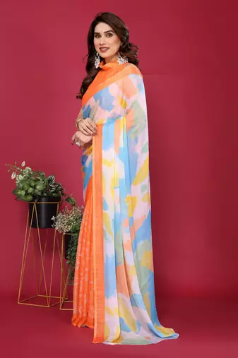 orange chiffon saree with multicolor printed pallu