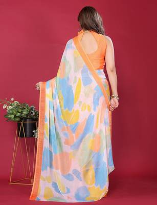 orange chiffon saree with multicolor printed pallu 4