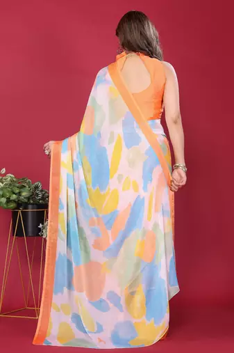 orange chiffon saree with multicolor printed pallu