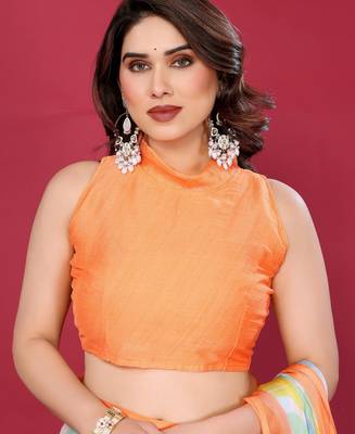 orange chiffon saree with multicolor printed pallu 5