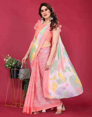 peach chiffon saree with multicolor printed pallu 1