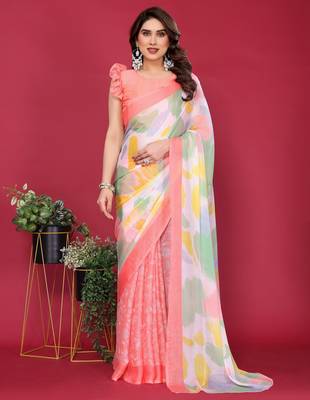 peach chiffon saree with multicolor printed pallu 2