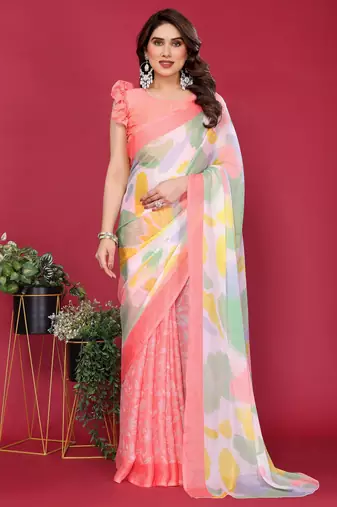 peach chiffon saree with multicolor printed pallu
