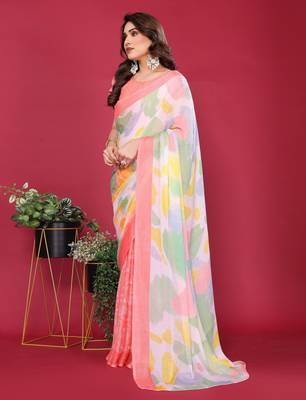 peach chiffon saree with multicolor printed pallu 3