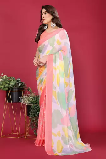 peach chiffon saree with multicolor printed pallu