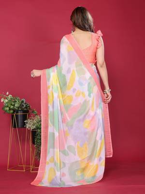 peach chiffon saree with multicolor printed pallu 5