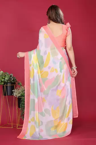 peach chiffon saree with multicolor printed pallu