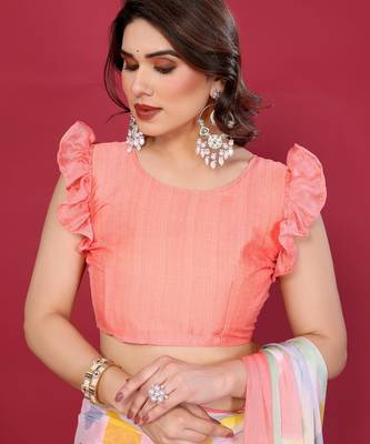 peach chiffon saree with multicolor printed pallu 6