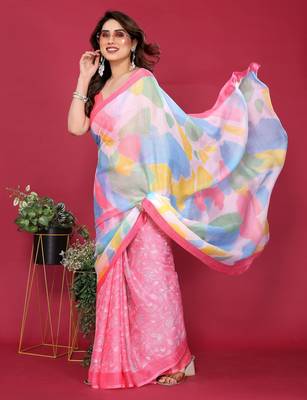 pink chiffon saree with multicolor printed pallu 1