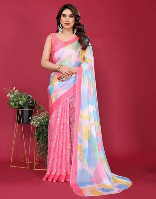 pink chiffon saree with multicolor printed pallu 2