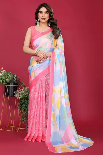 pink chiffon saree with multicolor printed pallu