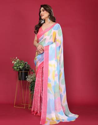 pink chiffon saree with multicolor printed pallu 3