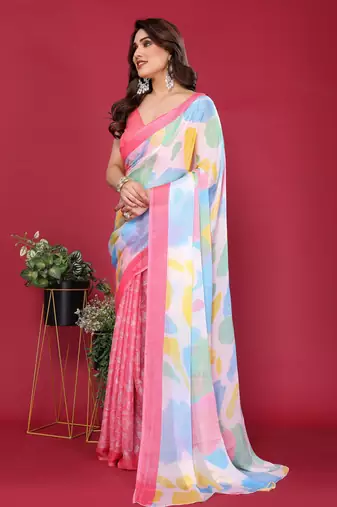 pink chiffon saree with multicolor printed pallu